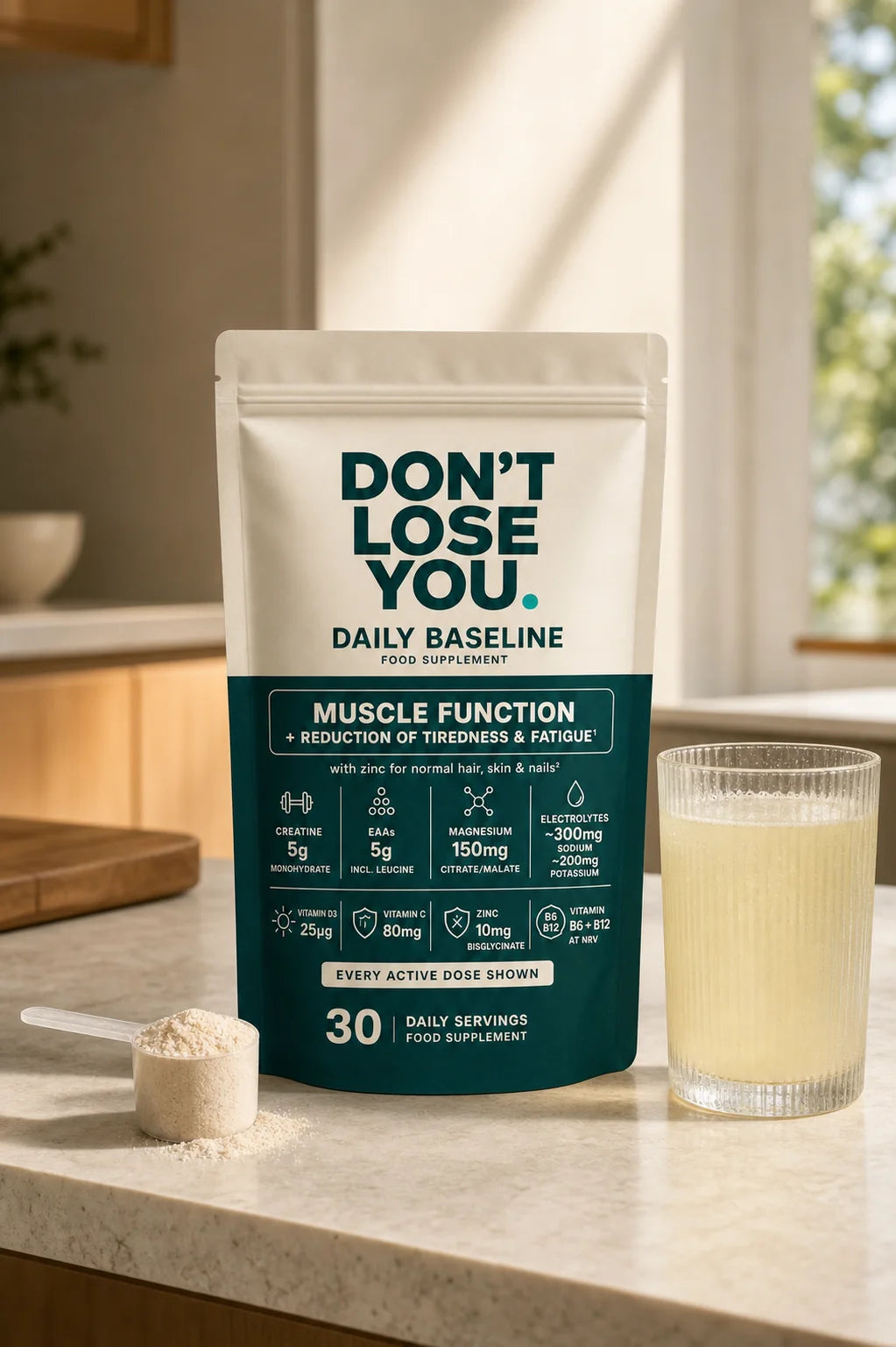 DON'T LOSE YOU pouch beside the finished light drink and its measured scoop
