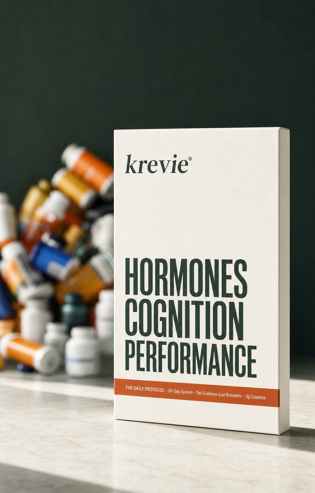 A cluttered supplement shelf replaced by a clear Krevie routine