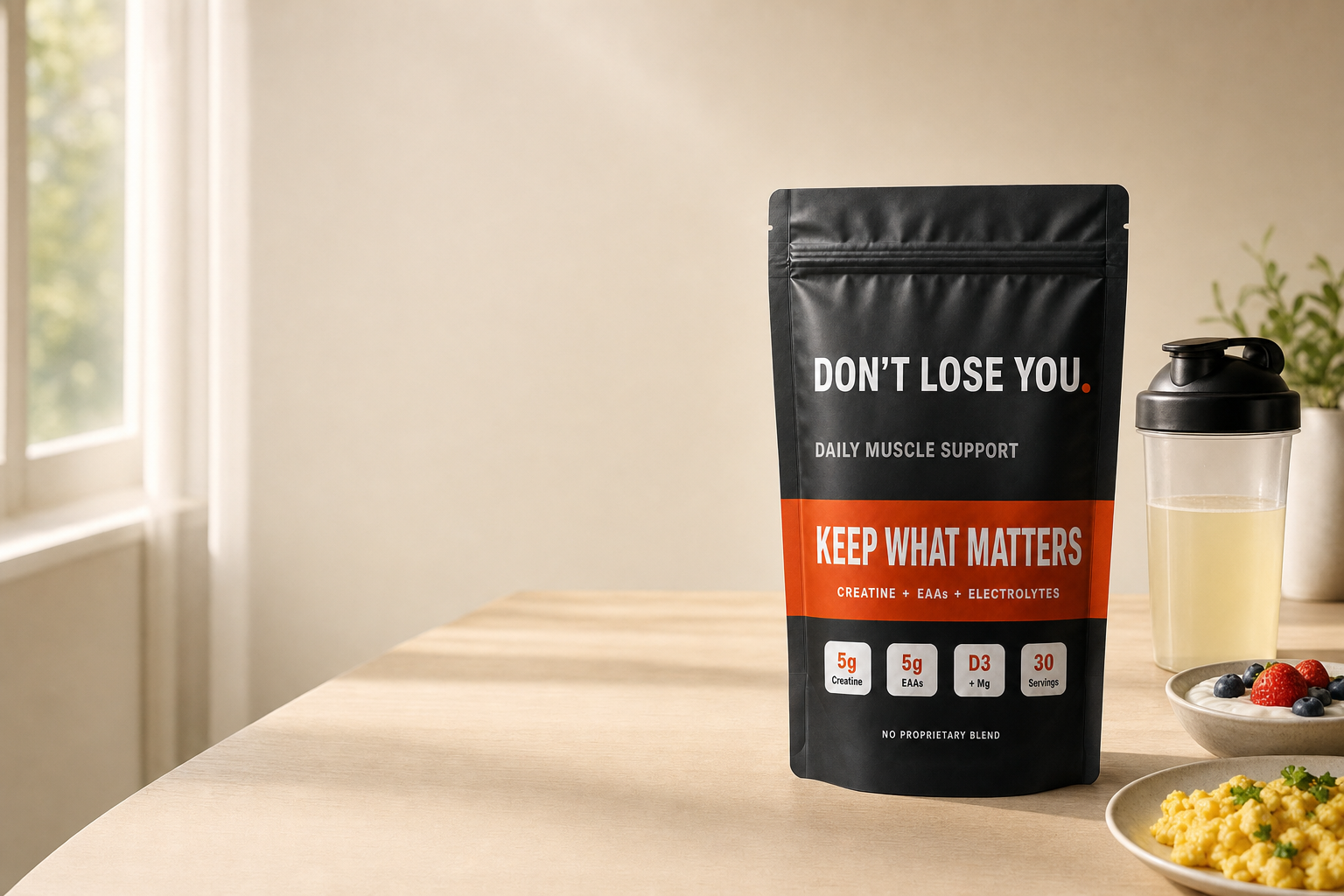 DON T LOSE YOU pouch on a breakfast table  daily muscle support for smaller meals