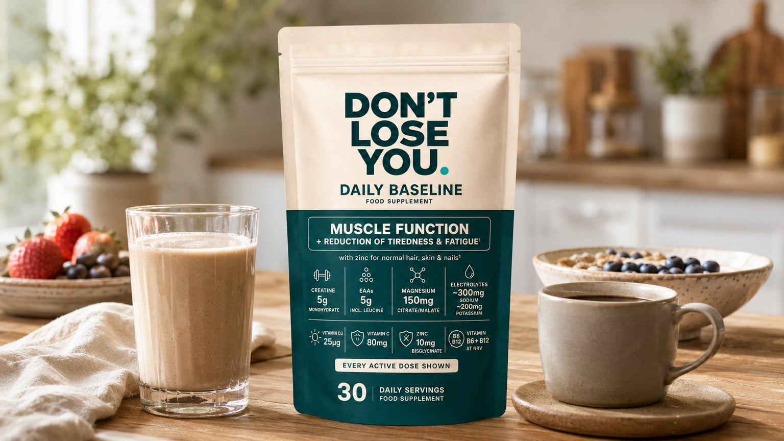 DON'T LOSE YOU pouch beside a light daily drink, coffee and a smaller breakfast