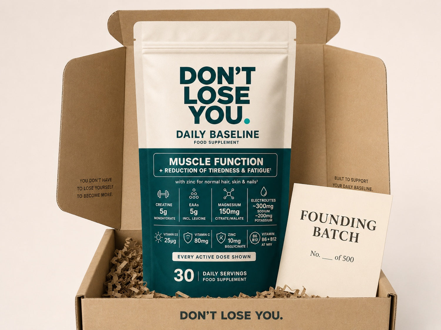 DON'T LOSE YOU founding-batch pouch and launch card in its presentation box