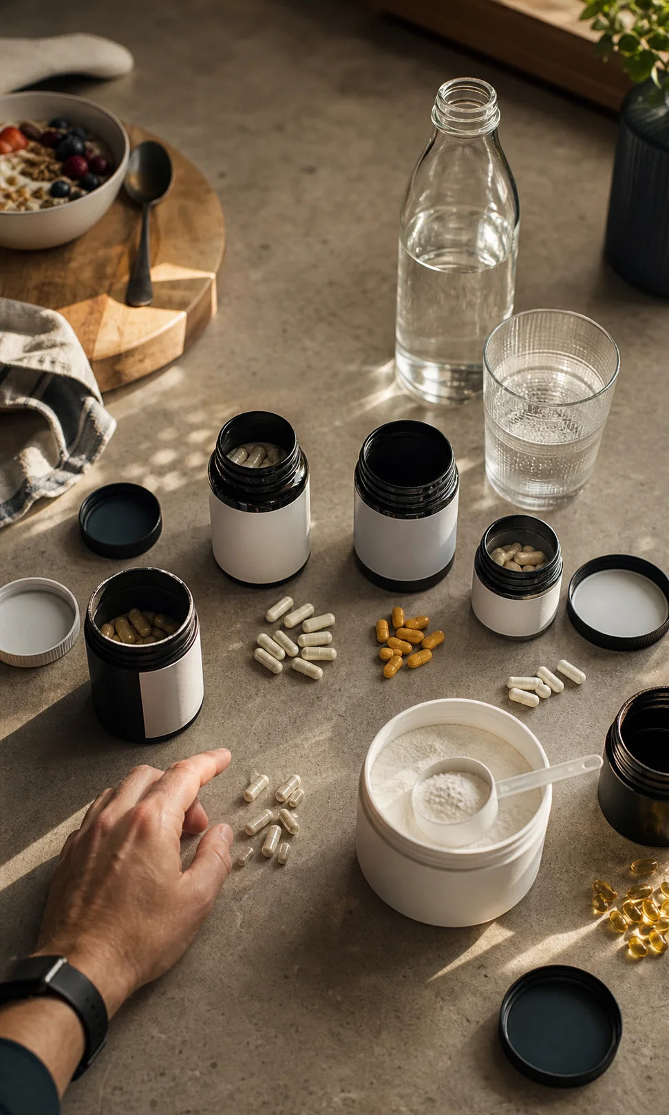 Recreated morning routine with several supplement pots, capsules, creatine and water