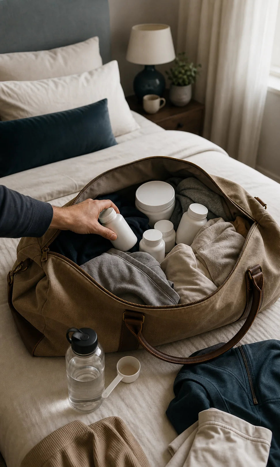 A travel bag crowded with several supplement containers